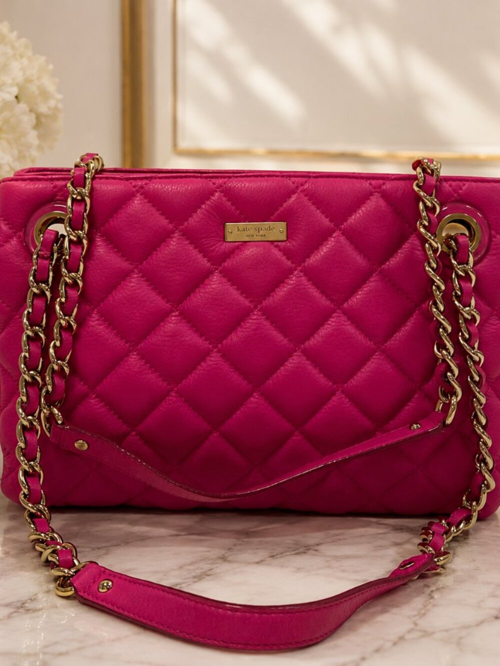 Kate Spade Gold Coast Maryanne Quilted Leather Shoulder Bag Pink Gold Chain